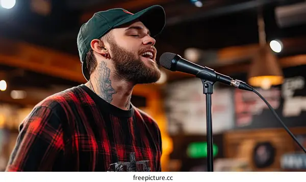 Man Singing Into Microphone in Live Performance