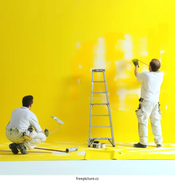 Two painters painting a wall yellow