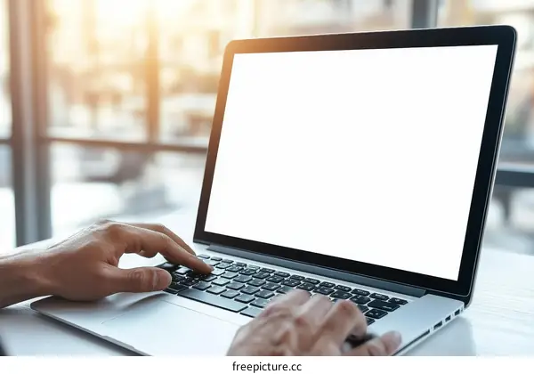 Person Working on Laptop with Blank Screen
