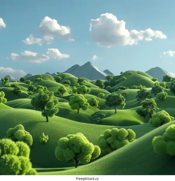 Green Rolling Hills with Trees and Blue Sky