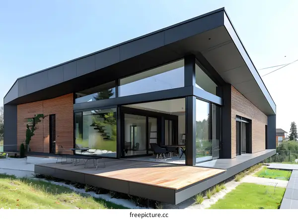 Modern House with Large Windows and Wooden Deck