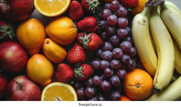 A variety of fruits including strawberries, bananas, grapes, apples, and oranges