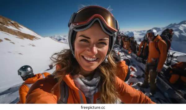 A group of skiers pose for a photo on a snowy mountain.