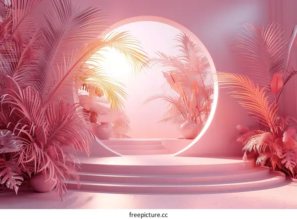 Pink Podium with Palm Leaves and Circular Window