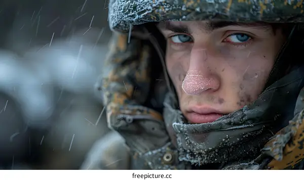 Portrait of a young soldier in the snow