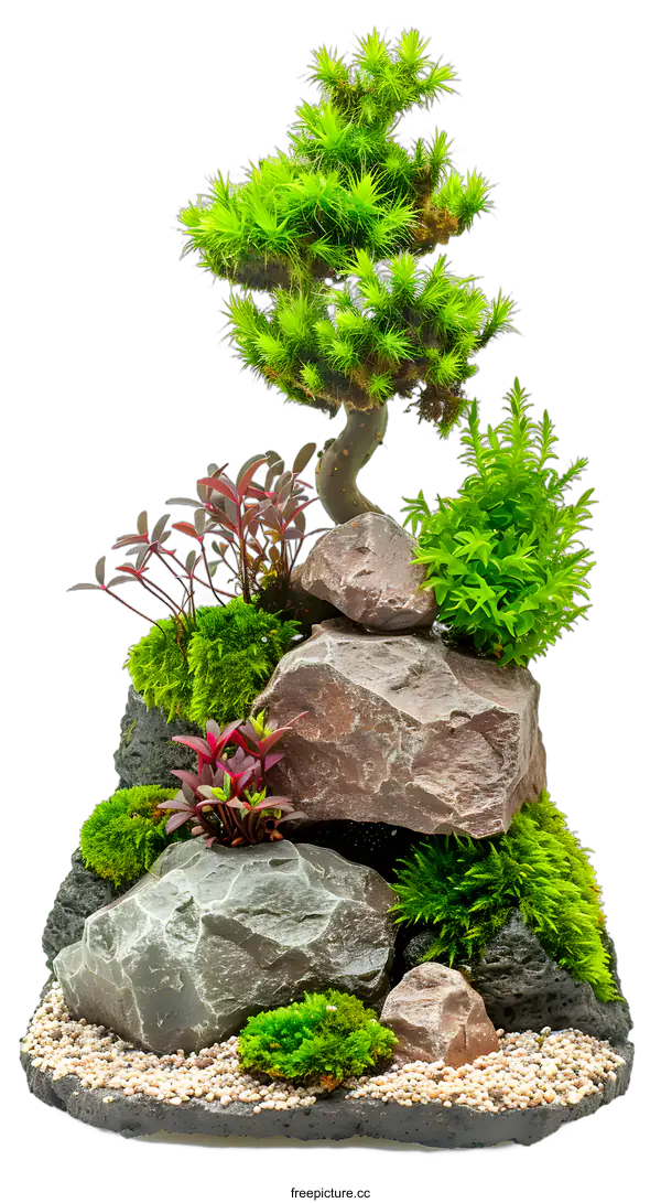 [Transparent Background PNG]Miniature Garden with Small Green Tree and Stones