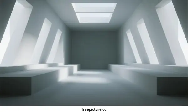 Minimalist White Room with Skylight and Geometric Benches