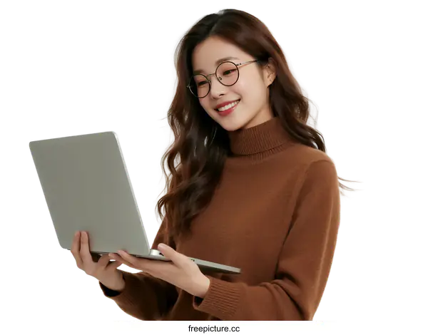 [Transparent Background PNG]A woman wearing glasses holding a laptop in a casual setting