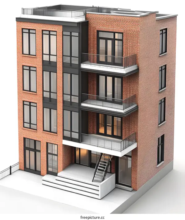 Exterior Design of Modern Brick Apartment Building with Balcony and Stairs