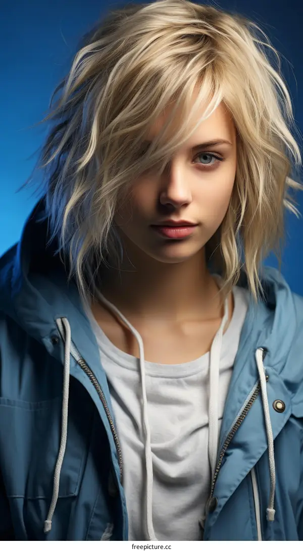 Portrait of a young woman with blonde hair and blue eyes wearing a blue jacket