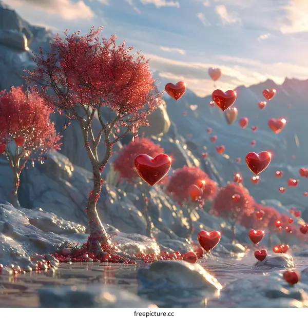 A forest of red heart-shaped trees