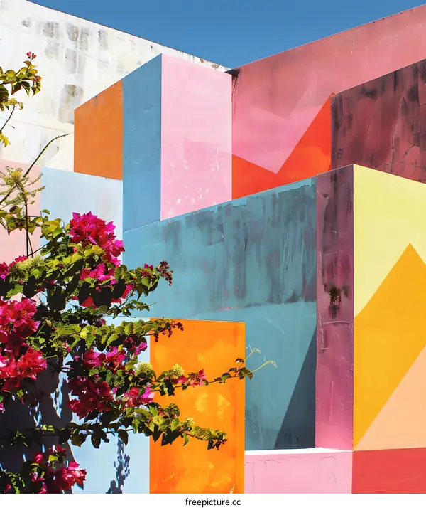 Abstract Geometric Wall Art with Pink Flowers