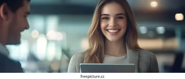 Smiling Business Woman Holding Tablet In Office