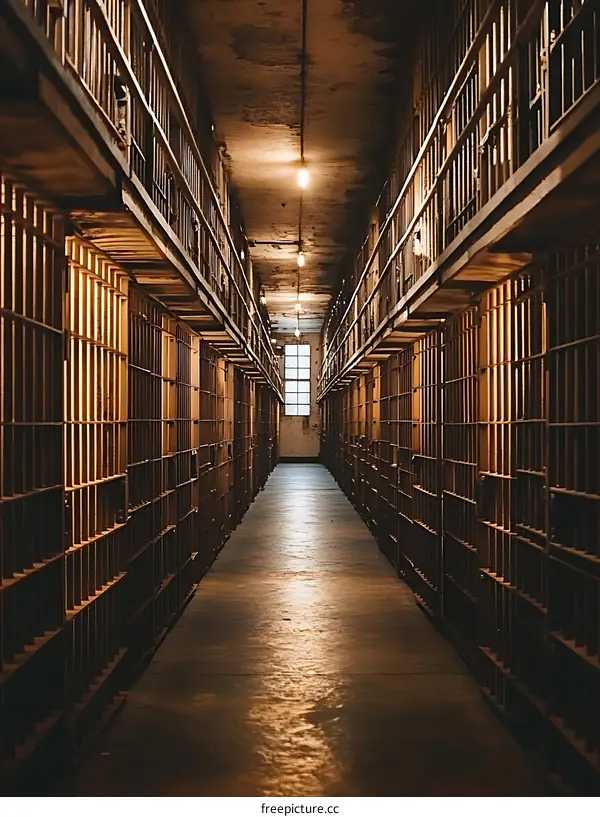A Long Prison Corridor With Many Cells