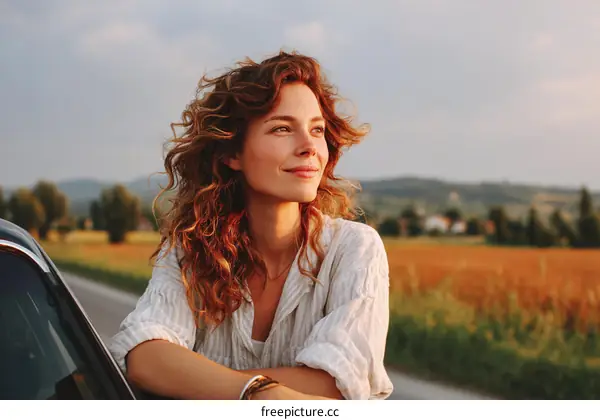Woman with curly hair by the roadside in a field