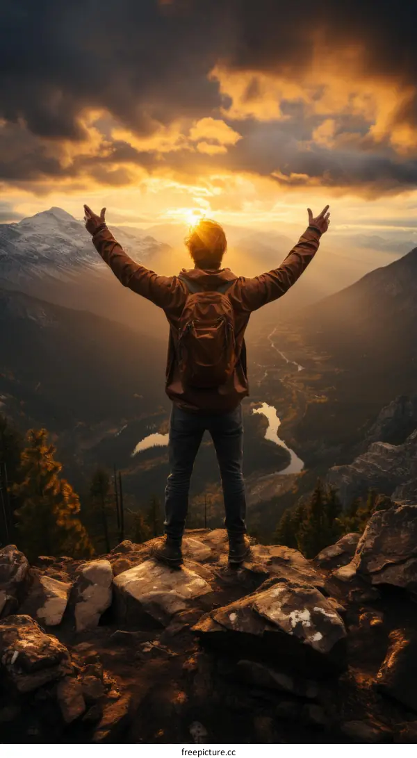 man standing on a mountaintop with his arms raised in the air