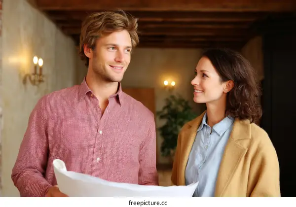 Couple Discussing Building Plans in Interior