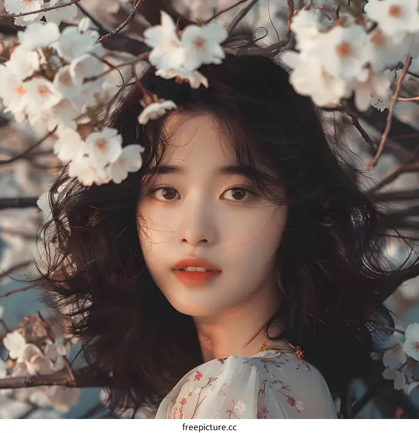 Beautiful Asian Woman with Flowers in Hair