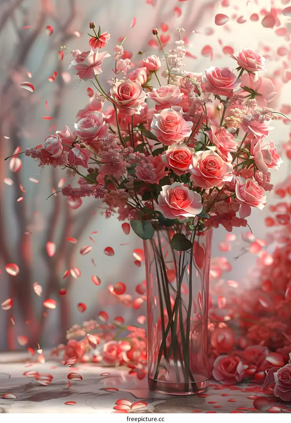 A beautiful bouquet of pink roses in a glass vase