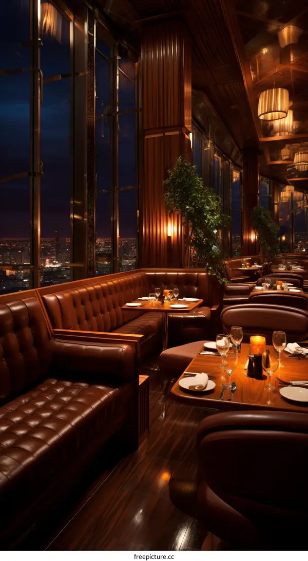 Luxurious restaurant interior with a view of the night city