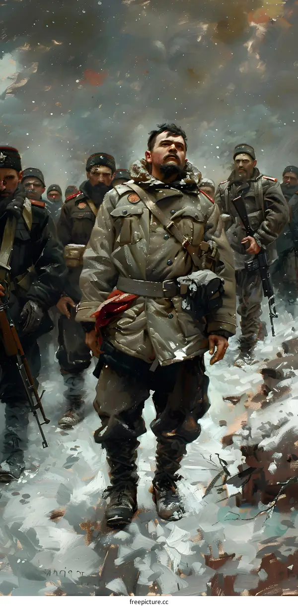 A group of soldiers in winter gear marching through a snowy forest.