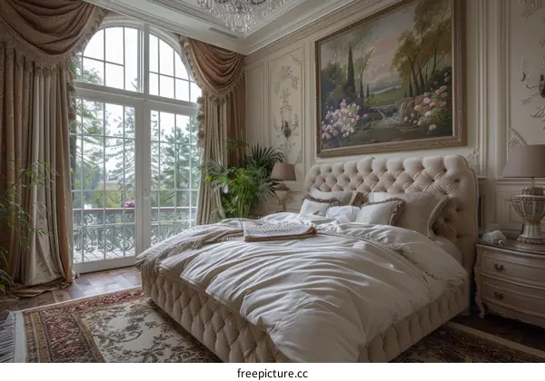 Luxury European Bedroom with Balcony and Lake Views