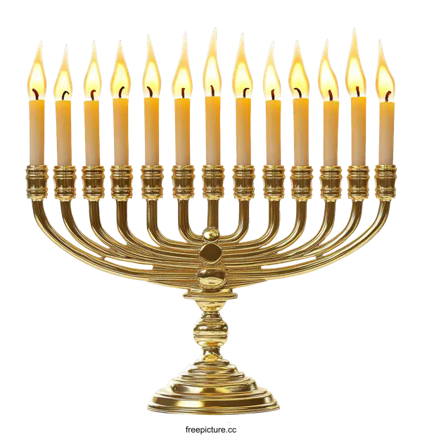 [Transparent Background PNG]Golden Hanukkah Menorah with Lit Candles