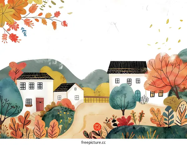 Cute Watercolor Illustration Of Autumnal Village Landscape