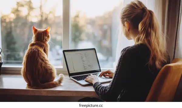 Woman Working From Home by Window with Cat