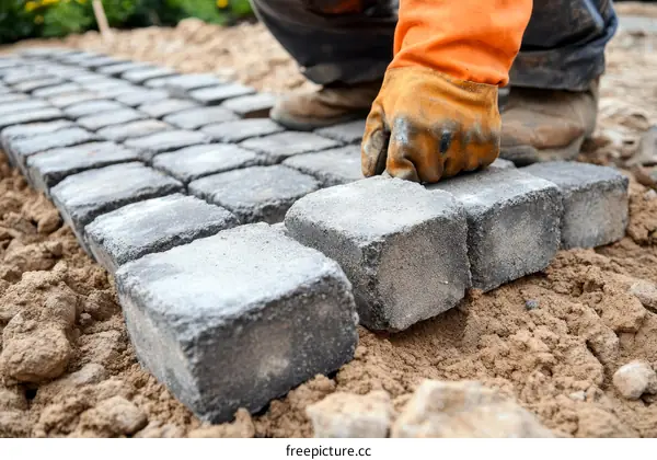 Worker Placing Paver Stone on Outdoor Patio