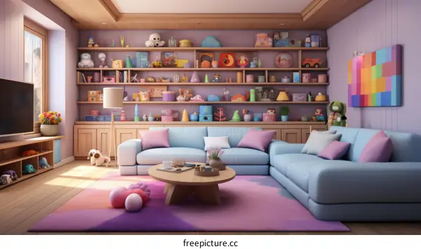 A colorful living room with a large bookshelf and a blue sofa