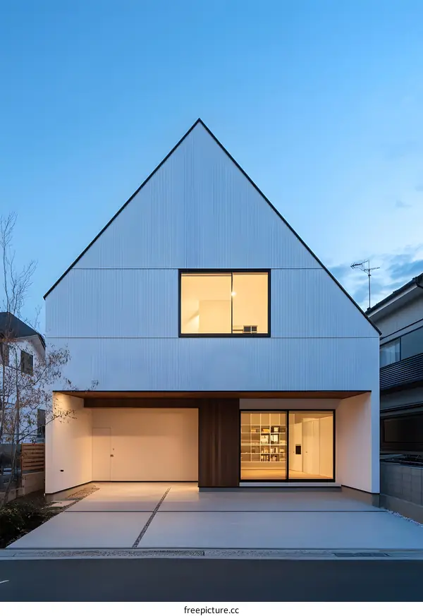 Modern White House with Triangular Roof and Large Windows