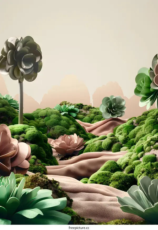 Abstract Green and Brown Floral Landscape With Moss