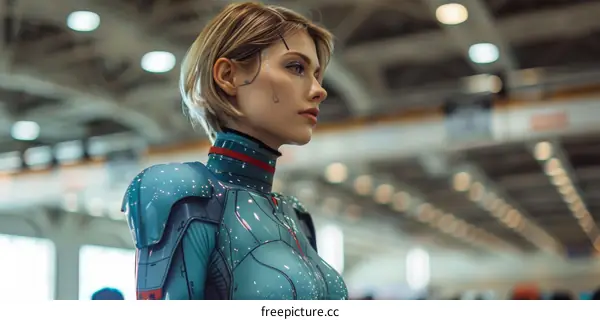 Portrait of a young woman with short blonde hair and blue eyes, wearing a blue and gray bodysuit