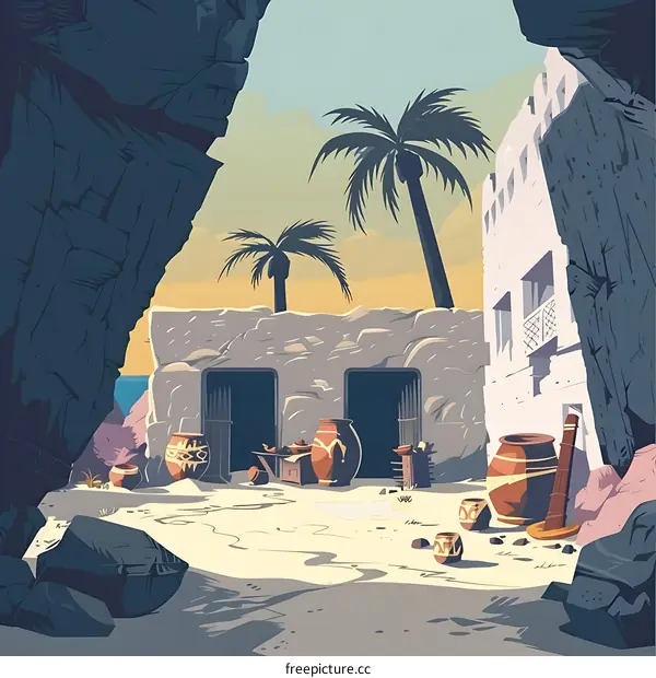 Desert Village Illustration with Palm Trees and Stone Buildings