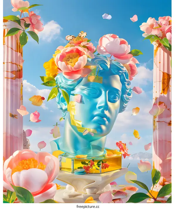 Greek Statue with Flowers and Butterflies