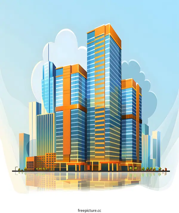 Modern City Skyline with Reflection and Clouds