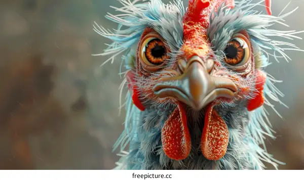 A close-up of a chicken with blue feathers and a red comb staring at the camera