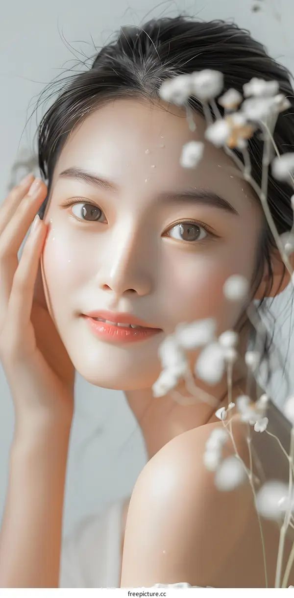 Portrait of a Young Asian Woman with Flowers