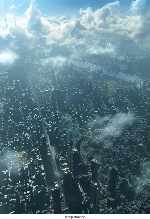 Futuristic cityscape with skyscrapers and flowing river
