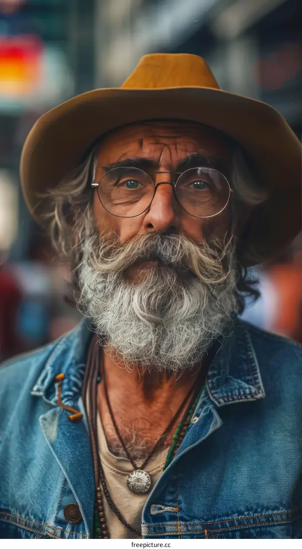 Portrait of an old man with a long white beard and wearing a hat