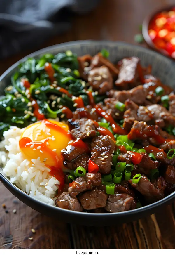 Beef and Rice Bowl with a Sunny Side Up Egg