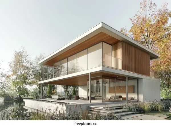 Modern lakeside house with large glass windows