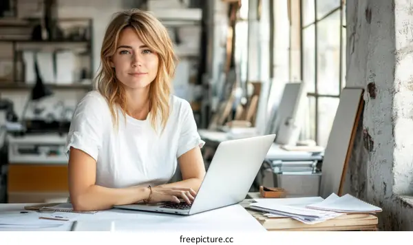 Woman Working on Laptop in Industrial Loft Space