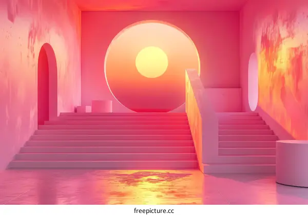 Pink surreal interior of the room with stairs and a large round window