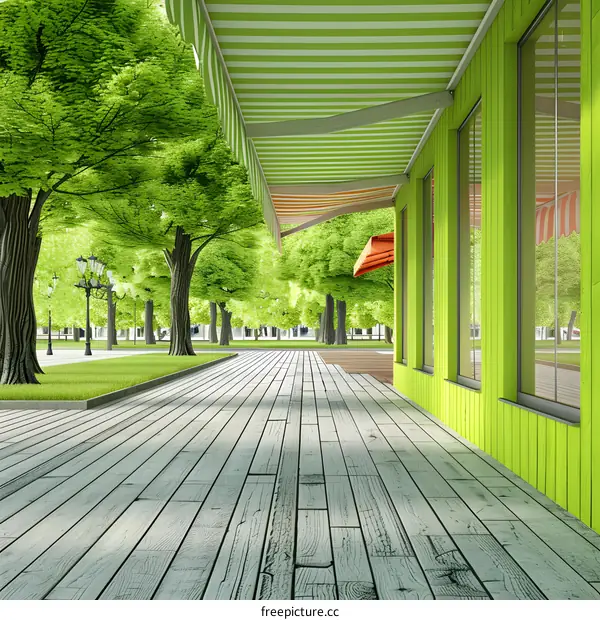 Green Building with Awning and Wooden Deck in a Park