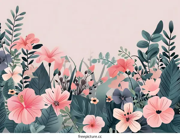 Pink and Green Floral Illustration with a Light Pink Background