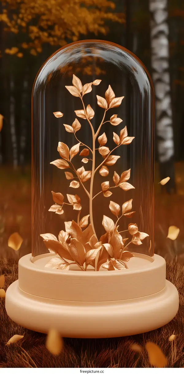 Golden Tree Branch Under Glass Dome