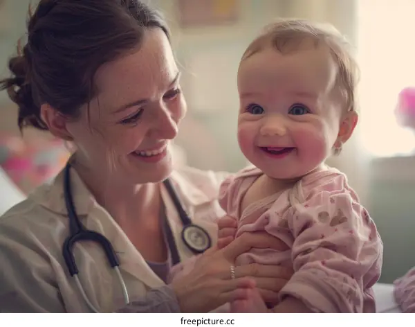 Pediatrician examining a smiling baby