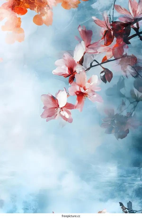 Floral Watercolor Painting with Pink Flowers on Blue Background